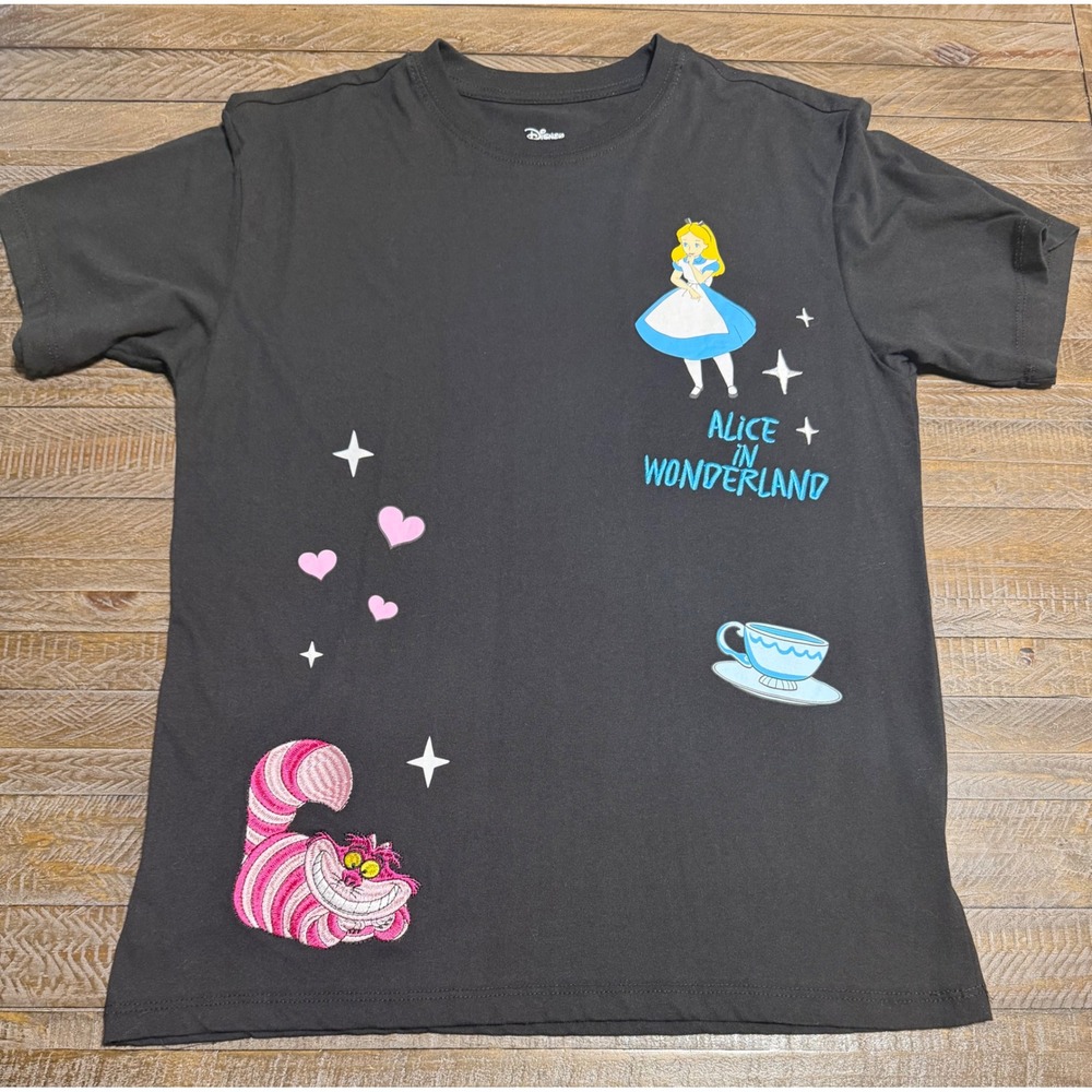 Disney Alice in Wonderland T-Shirt Women XS Black New Embroidered Graphic Tee